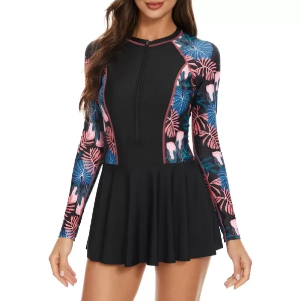 Zando Sexy One Piece Bathing Suit for Women Vintage Long Sleeve Swim Dresses Swimsuit Athletic Surfing Skirt Swimwear