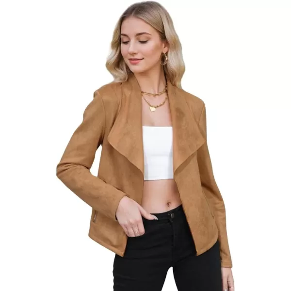 Zando Womens Faux Suede Jacket Open Front Womens Bomber Cropped Jacket with Pockets Outwear Long Sleeve Fashion Biker Jacket