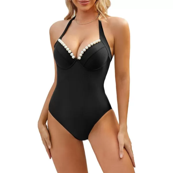 Zando Womens Pearl V Neck One Piece Swimsuit Women Tummy Control Bathing Suit for Women Sexy Lace up Halter 1 Piece Swim Suit