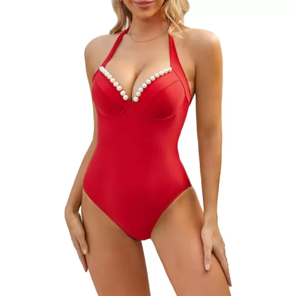 Zando Womens Pearl V Neck One Piece Swimsuit Women Tummy Control Bathing Suit for Women Sexy Lace up Halter 1 Piece Swim Suit