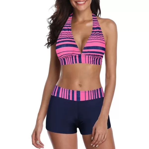 Zando Women's Two Piece Halter Swimsuit Athletic Push Up Bikini Set Swimwear with Boyshorts Sporty V Neck Bathing Suit