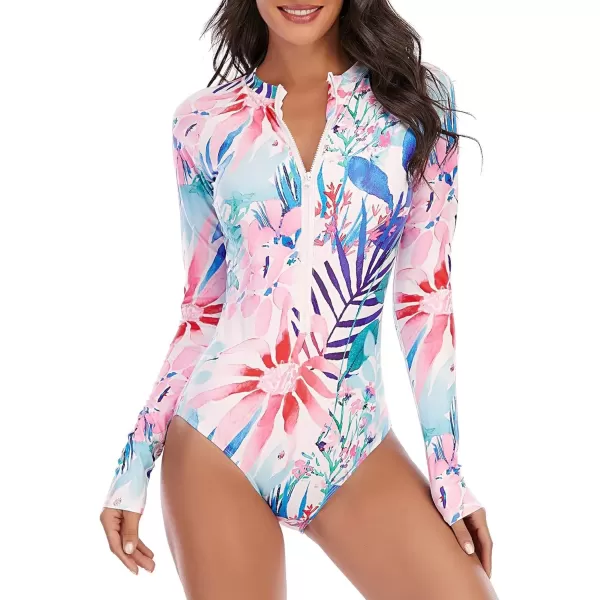 imageZando Long Sleeve Swimsuit Women UPF 50 One Piece for Womens Zip Floral Athletic Swim Wear Bathing Suit1 Watercolor Flower
