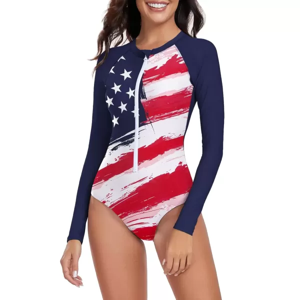 imageZando Long Sleeve Swimsuit Women UPF 50 One Piece for Womens Zip Floral Athletic Swim Wear Bathing Suit2 American Flag