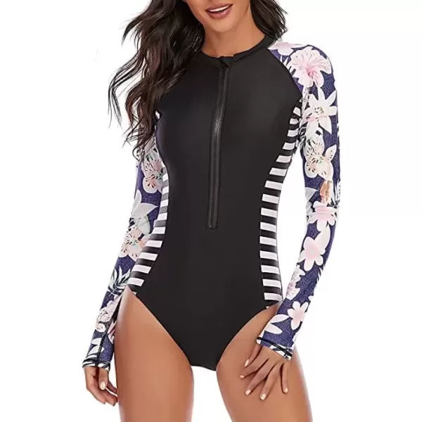 imageZando Long Sleeve Swimsuit Women UPF 50 One Piece for Womens Zip Floral Athletic Swim Wear Bathing SuitBlack Floral