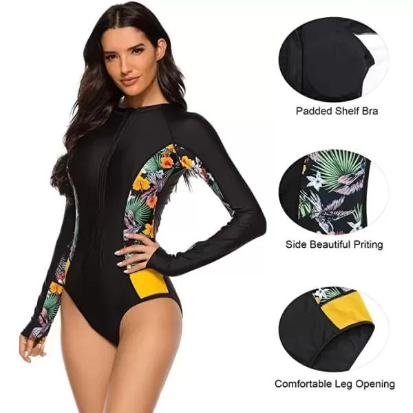 imageZando Long Sleeve Swimsuit Women UPF 50 One Piece for Womens Zip Floral Athletic Swim Wear Bathing SuitBlack Floral