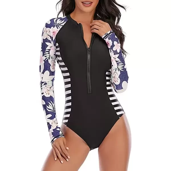 imageZando Long Sleeve Swimsuit Women UPF 50 One Piece for Womens Zip Floral Athletic Swim Wear Bathing SuitBlack Floral
