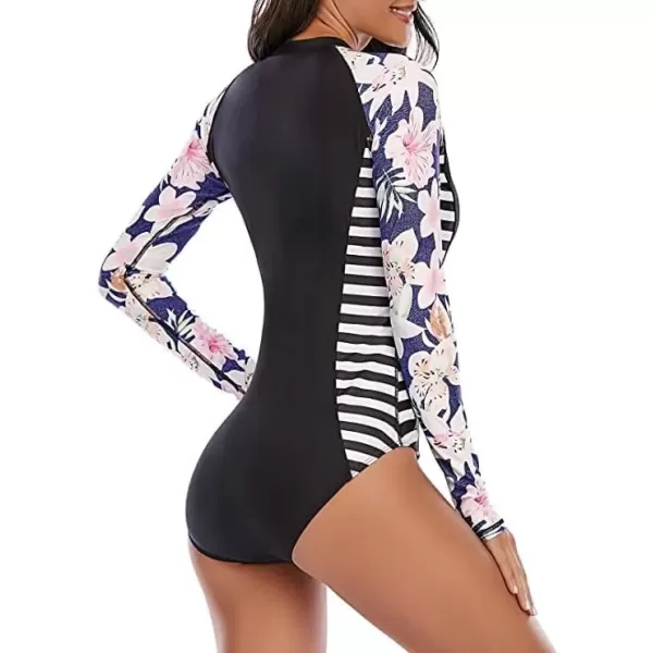 imageZando Long Sleeve Swimsuit Women UPF 50 One Piece for Womens Zip Floral Athletic Swim Wear Bathing SuitBlack Floral