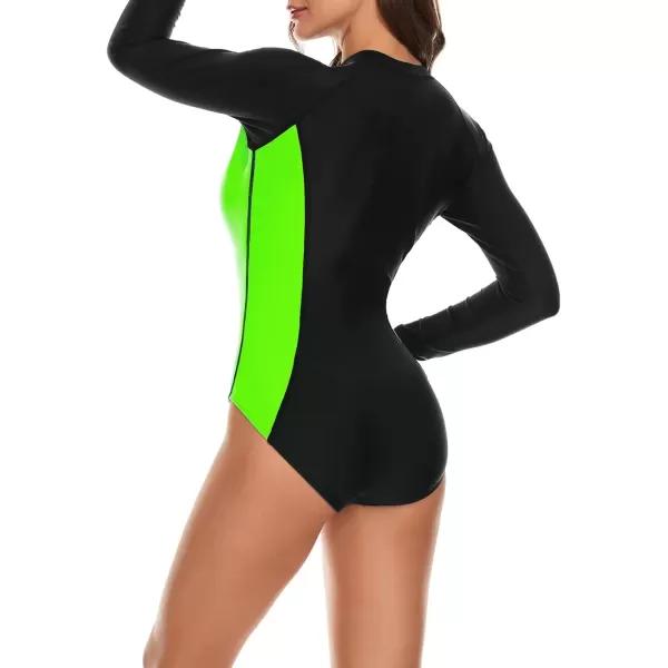 imageZando Long Sleeve Swimsuit Women UPF 50 One Piece for Womens Zip Floral Athletic Swim Wear Bathing SuitBlack Green Stitched