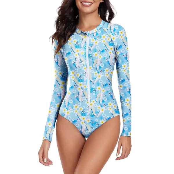 imageZando Long Sleeve Swimsuit Women UPF 50 One Piece for Womens Zip Floral Athletic Swim Wear Bathing SuitLifebuoy Floral