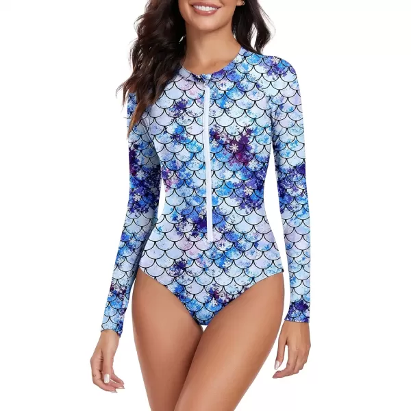imageZando Long Sleeve Swimsuit Women UPF 50 One Piece for Womens Zip Floral Athletic Swim Wear Bathing SuitMermaid