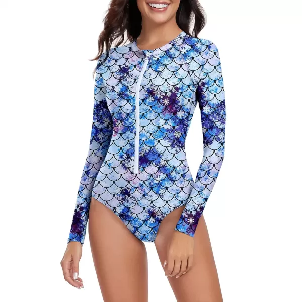 imageZando Long Sleeve Swimsuit Women UPF 50 One Piece for Womens Zip Floral Athletic Swim Wear Bathing SuitMermaid