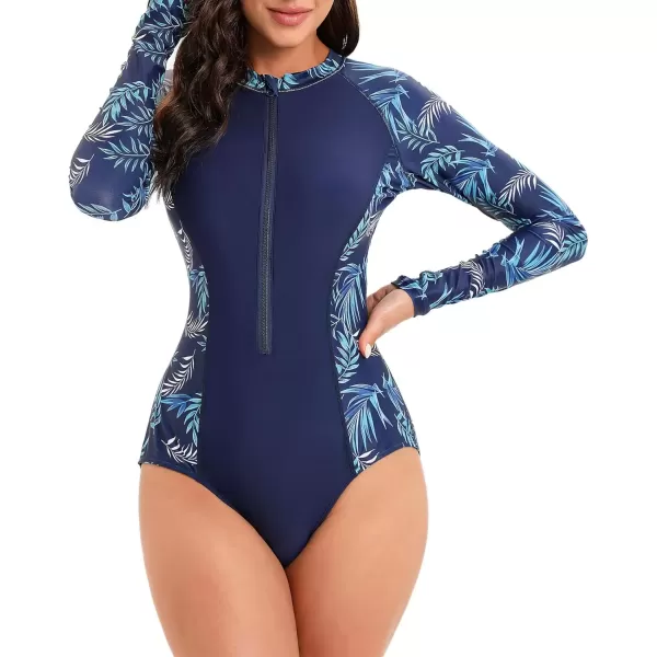 imageZando Long Sleeve Swimsuit Women UPF 50 One Piece for Womens Zip Floral Athletic Swim Wear Bathing SuitNavy Leaf Stitched