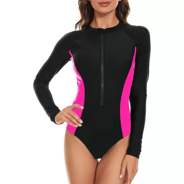 imageZando Long Sleeve Swimsuit Women UPF 50 One Piece for Womens Zip Floral Athletic Swim Wear Bathing SuitNeon Pink Black