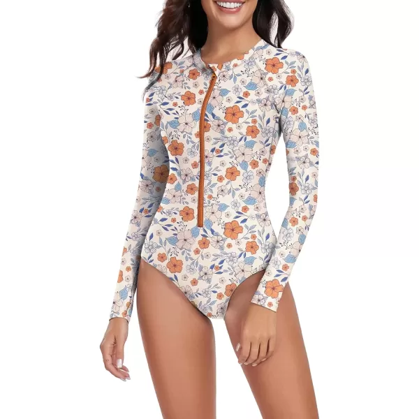 imageZando Long Sleeve Swimsuit Women UPF 50 One Piece for Womens Zip Floral Athletic Swim Wear Bathing SuitOrange Floral