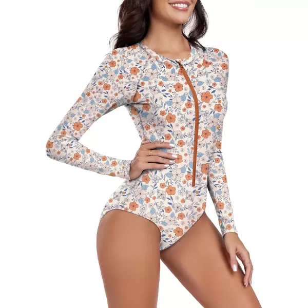imageZando Long Sleeve Swimsuit Women UPF 50 One Piece for Womens Zip Floral Athletic Swim Wear Bathing SuitOrange Floral