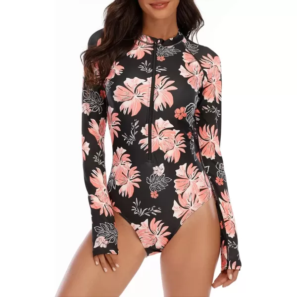 imageZando Long Sleeve Swimsuit Women UPF 50 One Piece for Womens Zip Floral Athletic Swim Wear Bathing SuitPink Floral