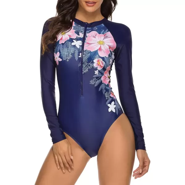 imageZando Long Sleeve Swimsuit Women UPF 50 One Piece for Womens Zip Floral Athletic Swim Wear Bathing SuitPink Flower