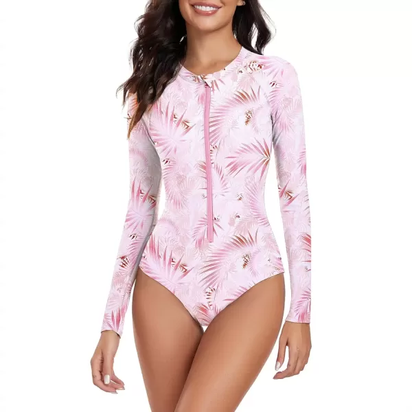 imageZando Long Sleeve Swimsuit Women UPF 50 One Piece for Womens Zip Floral Athletic Swim Wear Bathing SuitPink Leaf