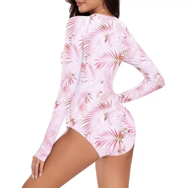 imageZando Long Sleeve Swimsuit Women UPF 50 One Piece for Womens Zip Floral Athletic Swim Wear Bathing SuitPink Leaf