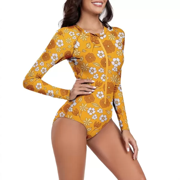 imageZando Long Sleeve Swimsuit Women UPF 50 One Piece for Womens Zip Floral Athletic Swim Wear Bathing SuitWhite Floral