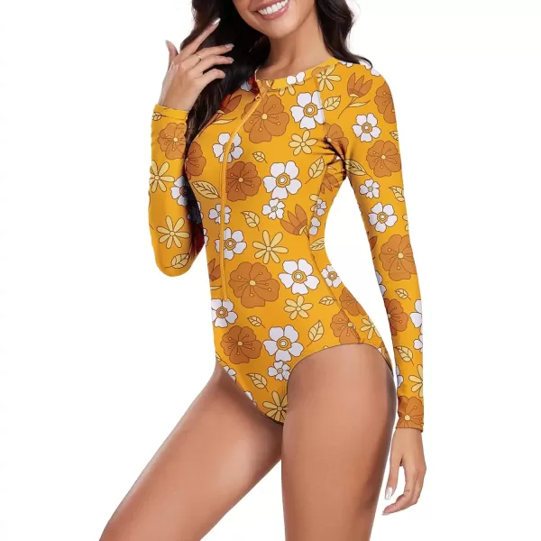 imageZando Long Sleeve Swimsuit Women UPF 50 One Piece for Womens Zip Floral Athletic Swim Wear Bathing SuitWhite Floral