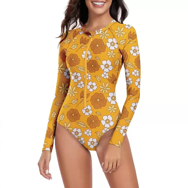 imageZando Long Sleeve Swimsuit Women UPF 50 One Piece for Womens Zip Floral Athletic Swim Wear Bathing SuitWhite Floral
