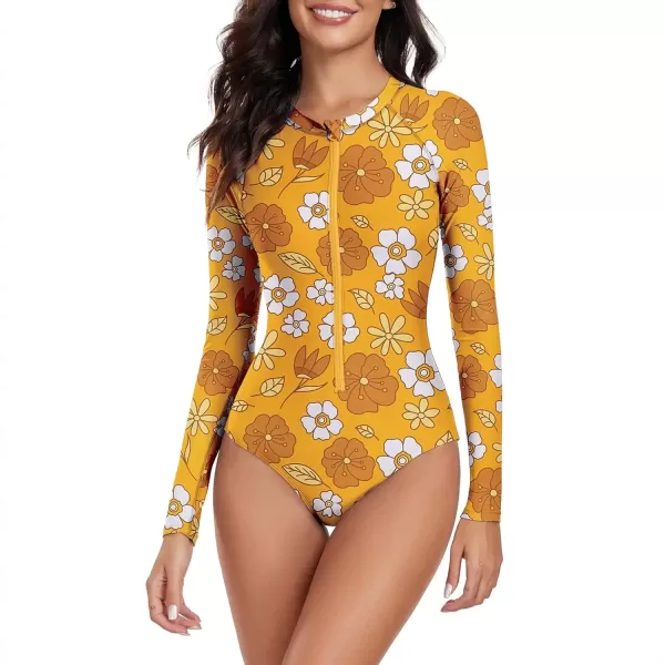 imageZando Long Sleeve Swimsuit Women UPF 50 One Piece for Womens Zip Floral Athletic Swim Wear Bathing SuitWhite Floral
