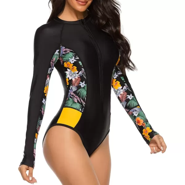 imageZando Long Sleeve Swimsuit Women UPF 50 One Piece for Womens Zip Floral Athletic Swim Wear Bathing SuitYellow Flower