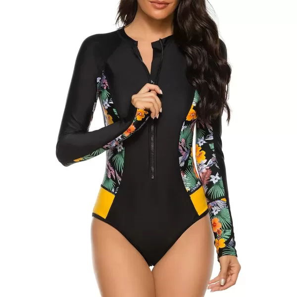 imageZando Long Sleeve Swimsuit Women UPF 50 One Piece for Womens Zip Floral Athletic Swim Wear Bathing SuitYellow Flower