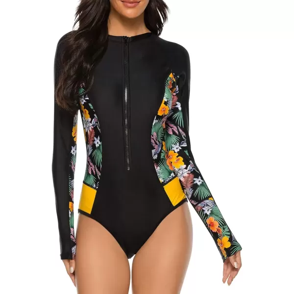 imageZando Long Sleeve Swimsuit Women UPF 50 One Piece for Womens Zip Floral Athletic Swim Wear Bathing SuitYellow Flower