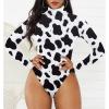 imageZando Bodysuit for Women Mock Turtleneck Long Sleeve White Sexy Bodysuits Lingerie Women Stretchy Leotard JumpsuitCow Print