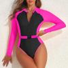 imageZando Long Sleeve Bathing Suits Women Neon Swimsuits Sexy High Cut One Piece Swimsuits 80s Outfits UPF 50 Rashguard ZipBlack Pink