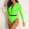 imageZando Long Sleeve Bathing Suits Women Neon Swimsuits Sexy High Cut One Piece Swimsuits 80s Outfits UPF 50 Rashguard ZipGreen
