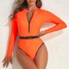 imageZando Long Sleeve Bathing Suits Women Neon Swimsuits Sexy High Cut One Piece Swimsuits 80s Outfits UPF 50 Rashguard ZipOrange