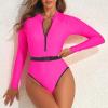 imageZando Long Sleeve Bathing Suits Women Neon Swimsuits Sexy High Cut One Piece Swimsuits 80s Outfits UPF 50 Rashguard ZipPink