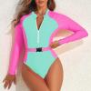imageZando Long Sleeve Bathing Suits Women Neon Swimsuits Sexy High Cut One Piece Swimsuits 80s Outfits UPF 50 Rashguard ZipPink Green