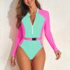 imageZando Long Sleeve Bathing Suits Women Neon Swimsuits Sexy High Cut One Piece Swimsuits 80s Outfits UPF 50 Rashguard ZipPink Green