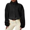 imageZando Womens Fleece Jacket Full Zip Cropped Jackets Oversize Long Sleeve Workout Fuzzy Sherpa Jacket Athletic Crop CoatBlack