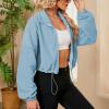 imageZando Womens Fleece Jacket Full Zip Cropped Jackets Oversize Long Sleeve Workout Fuzzy Sherpa Jacket Athletic Crop CoatBlue