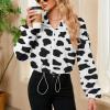 imageZando Womens Fleece Jacket Full Zip Cropped Jackets Oversize Long Sleeve Workout Fuzzy Sherpa Jacket Athletic Crop CoatCow Print