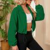 imageZando Womens Fleece Jacket Full Zip Cropped Jackets Oversize Long Sleeve Workout Fuzzy Sherpa Jacket Athletic Crop CoatGreen