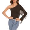 imageZando Womens Fringe One Shoulder Bodysuit Nashville Outfits Top Tank Sexy Bodysuits for Women Western Outfit Going OutBrown