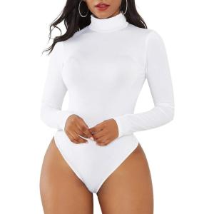 imageZando Bodysuit for Women Mock Turtleneck Long Sleeve White Sexy Bodysuits Lingerie Women Stretchy Leotard JumpsuitA White