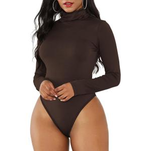 imageZando Bodysuit for Women Mock Turtleneck Long Sleeve White Sexy Bodysuits Lingerie Women Stretchy Leotard JumpsuitB Coffee