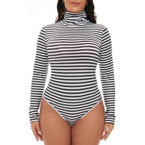 imageZando Bodysuit for Women Mock Turtleneck Long Sleeve White Sexy Bodysuits Lingerie Women Stretchy Leotard JumpsuitBlack and White Stripes