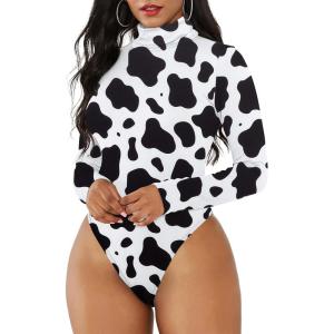 imageZando Bodysuit for Women Mock Turtleneck Long Sleeve White Sexy Bodysuits Lingerie Women Stretchy Leotard JumpsuitCow Print