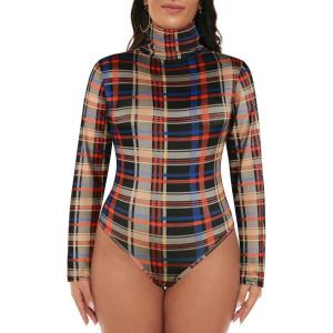 imageZando Bodysuit for Women Mock Turtleneck Long Sleeve White Sexy Bodysuits Lingerie Women Stretchy Leotard JumpsuitRed Blue Lattice