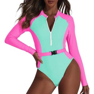 imageZando Long Sleeve Bathing Suits Women Neon Swimsuits Sexy High Cut One Piece Swimsuits 80s Outfits UPF 50 Rashguard ZipPink Green