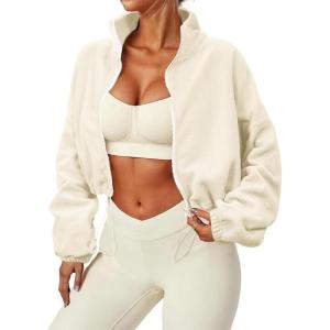 imageZando Womens Fleece Jacket Full Zip Cropped Jackets Oversize Long Sleeve Workout Fuzzy Sherpa Jacket Athletic Crop CoatApricot