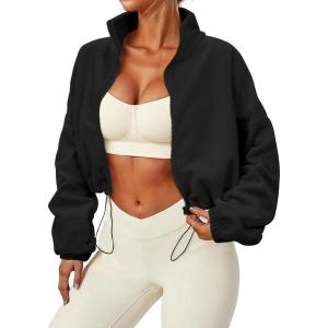 imageZando Womens Fleece Jacket Full Zip Cropped Jackets Oversize Long Sleeve Workout Fuzzy Sherpa Jacket Athletic Crop CoatBlack